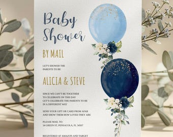 Plantilla de invitación para baby shower de niño por correo, invitación con globo azul, invitación a larga distancia • DESCARGA INSTANTÁNEA • Plantilla editable