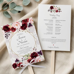 Fan Burgundy and Blush Pink Wedding Program Template • INSTANT DOWNLOAD • Editable, Printable Template, A115
