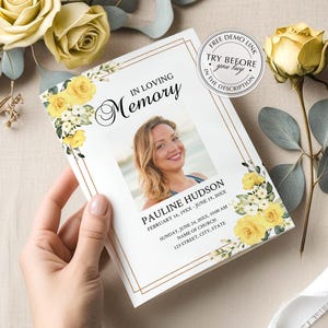 Funeral Program Template with Yellow Roses • Memorial Order of Service • Editable, Printable Digital Download