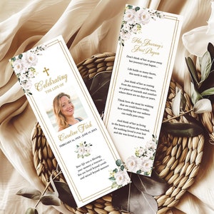 Funeral Bookmark Template with White Roses, Celebration of Life, Funeral Keepsake • INSTANT DOWNLOAD • Editable, Printable Template