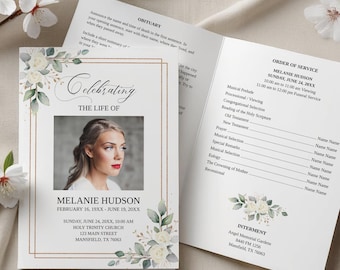 Printable Floral Bi-Fold Funeral Program Template • Editable Memorial Booklet • Order of Service • Obituary Template