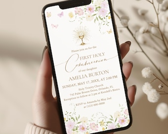 Electronic First Holy Communion Invite Template with Wildflowers and Butterflies, Smartphone Invitation, Evite #161