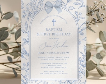 Blue Toile de Jouy Baptism/Christening & First Birthday Invitation Template • INSTANT DOWNLOAD • Editable, Printable Template #BS10A