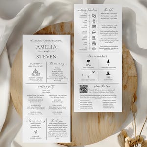 May include: Two wedding programs with black text on a white background. The left program lists the wedding details, including the names Amelia and Steven, the date, and the wedding party. The right program includes the wedding timeline and facts about the couple.
