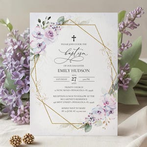 Lavender Floral Baptism/Christening Invitation Template (Digital Download) #101