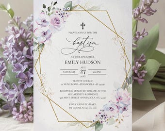 Lavender Floral Baptism/Christening Invitation Template (Digital Download) #101