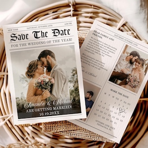 Zeitung Save the Date Template (doppelseitig), Hochzeit reserviertes Datum Vorlage • SOFORTIGER DOWNLOAD • Bearbeitbare, druckbare Vorlage