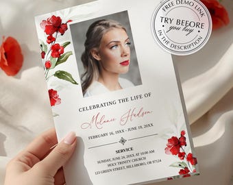 Red Poppies Bi-fold Funeral Program Template • Editable, Printable Digital Download