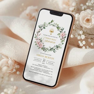 Plantilla de invitación electrónica para la Primera Comunión con rosas rosa claro, invitación para smartphone, Evite, A110