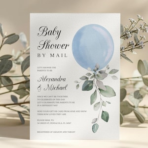 Plantilla de invitación para baby shower de niño por correo, invitación con globo azul, invitación a larga distancia • DESCARGA INSTANTÁNEA • Plantilla editable e imprimible