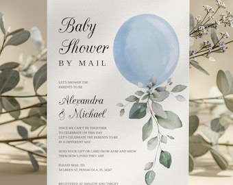 Blauer Ballon-Babyparty by Mail-Einladungsvorlage (Digitaler Download)