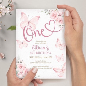 1st Birthday Invitation Template with Pink Flowers and Butterflies  • INSTANT DOWNLOAD • Editable, Printable Template #126