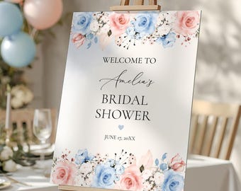 Blue and Blush Pink Bridal Shower Welcome Sign Template (Editable, Printable Digital Download) #122