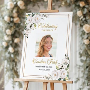Printable Funeral Welcome Sign Template with White Roses, Celebration of Life Sign, Instant Download