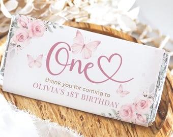 1st Birthday Chocolate Wrapper Template, Pink Roses and Butterflies (Digital Download) #126