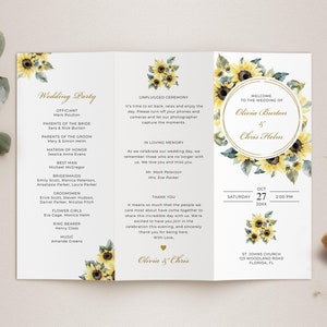 Dreifache Hochzeitsprogramm-Vorlage mit Sonnenblumen, Hochzeitsbestellung • SOFORTIGER DOWNLOAD • Bearbeitbare druckbare Vorlage