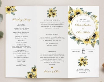 Plantilla de programa de boda tríptico con girasoles, orden de servicio de boda • DESCARGA INSTANTÁNEA • Plantilla editable e imprimible