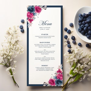 Hot Pink and Navy Blue Wedding Menu Template • INSTANT DOWNLOAD • Editable, Printable Template #149