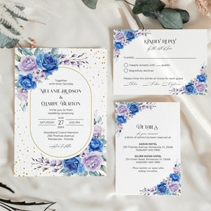 Conjunto de modelos de convites em azul royal e lavanda, conjunto de convites de casamento • DOWNLOAD INSTANTÂNEO • Modelos editáveis e imprimíveis