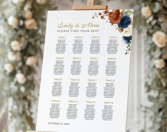 Terracotta, Navy Blue and Ivory Seating Chart Template • INSTANT DOWNLOAD • Editable, Printable Template #137