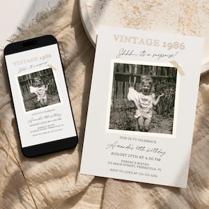 May include: A birthday invitation card and a smartphone displaying the same design. The invitation features the text VINTAGE 1986, Shhh... it's a surprise!, a black and white photo of a child, and event details for Amanda's 40th birthday on August 27th.