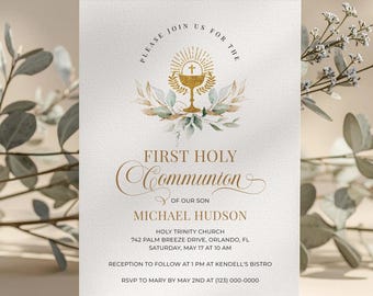 Greenery First Holy Communion Invitation Template • INSTANT DOWNLOAD • Editable, Printable Template, A112