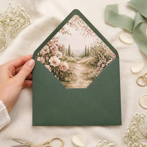 May include: A dark green envelope with a pointed flap, featuring an internal liner printed with a watercolor illustration of a garden path lined with pink flowers, cypress trees, and distant hills, presented in a clean, professional composition.