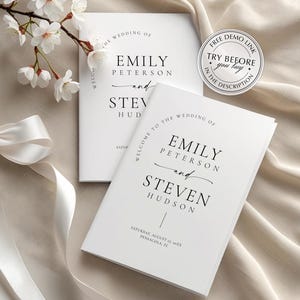 May include: Two white wedding programs with black text, featuring the names "Emily Peterson and Steven Hudson." A white ribbon and floral arrangement are on the left. A sticker with the text "Free Demo Link" is on the right.