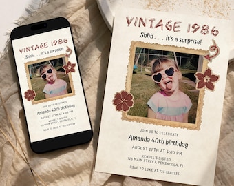 Vintage 40th Birthday Invitation Template with Photo • Printable & Electronic Invite • Instant Download