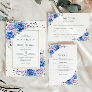 Royal Blue and Lavender Invitation Template Suite, Wedding Invitation Set • INSTANT DOWNLOAD • Editable, Printable Templates