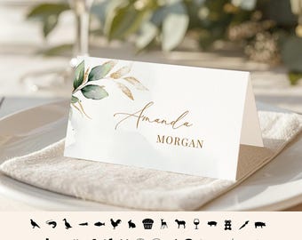 Greenery Place Card Template, Flat and Tent Folded • INSTANT DOWNLOAD • Editable, Printable Template, A112