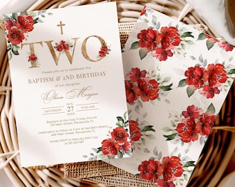 Red Roses Baptism and 2nd Birthday Invitation Template • INSTANT DOWNLOAD • Editable, Printable Template