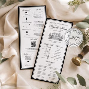 May include: Two rectangular wedding programme cards with black borders and white backgrounds featuring black text, a mansion illustration, a QR code, and timeline details. A round wax seal stamp with a wooden handle sits next to the cards.