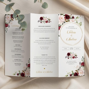 Burgundy Rose Trifold Wedding Program Template (Instant Download, Editable, Printable Template)