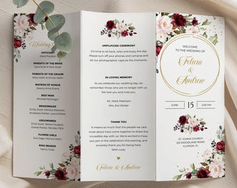Plantilla de programa de boda tríptico con rosas burdeos (descarga instantánea, editable e imprimible)