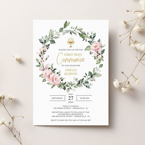 First Holy Communion Invitation Template with Greenery Wreath and Pink Roses  • INSTANT DOWNLOAD • Editable, Printable Template, A110