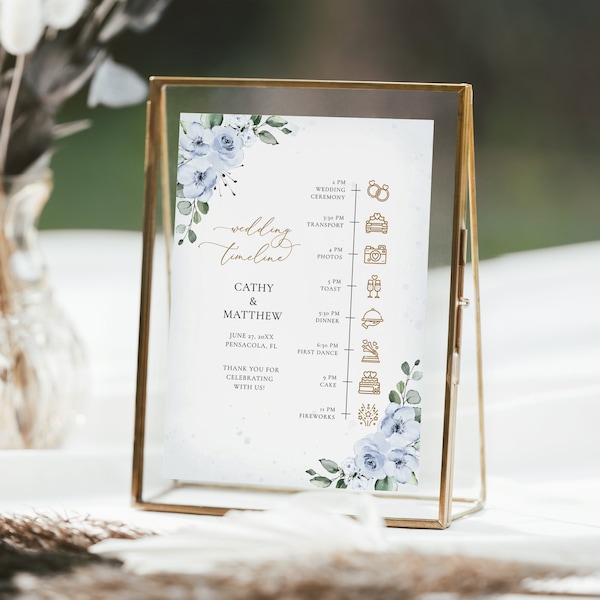 Dusty Blue Wedding Timeline Card Template, Wedding Day Schedule Card Template • INSTANT DOWNLOAD • Editable, Printable Template, #127