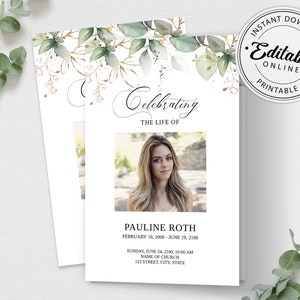 Printable Funeral Program Template, Memorial Program Template, Order of Service, Editable Floral Funeral Program Template, Obituary Program