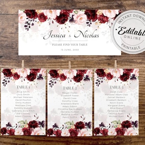 Cartões de mesa para casamento em tons de vinho, Marsala, Encontre sua mesa, Quadro de pedidos de assentos, Modelo de lista de convidados, Modelo para impressão, A115