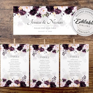 Plantilla de tarjetas de mesa para bodas moradas, Encuentra tus tarjetas de mesa, Tablero de orden de asientos, Plantilla de lista de invitados, Plantilla imprimible, A119