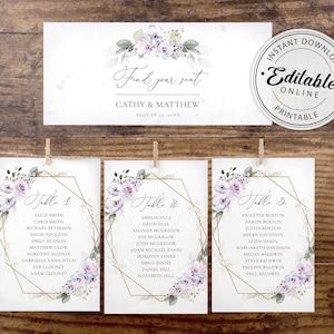 Lavendel bruiloft zitplaatsen tafelkaarten sjablonen, tafel vinden, gastenlijstsjabloon, afdrukbare, bewerkbare sjablonen, #101