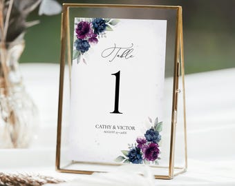 Purple and Navy Blue Floral Wedding Table Numbers Template (Editable, Printable Digital Download) A131