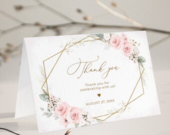 Pink Roses Thank you Card Template • INSTANT DOWNLOAD • Printable, Editable Template #126
