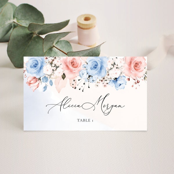 table place setting cards template Dusty Blue and Blush Pink Wedding Place Cards Template, Floral Place Cards Flat and Tent Folded • INSTANT DOWNLOAD • Editable Template, A122