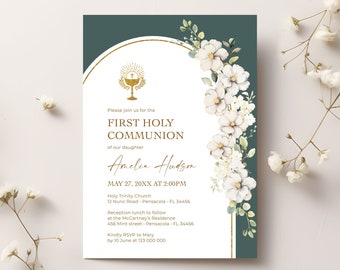 Emerald Green First Holy Communion Invitation Template with White Flowers • INSTANT DOWNLOAD • Editable, Printable Template