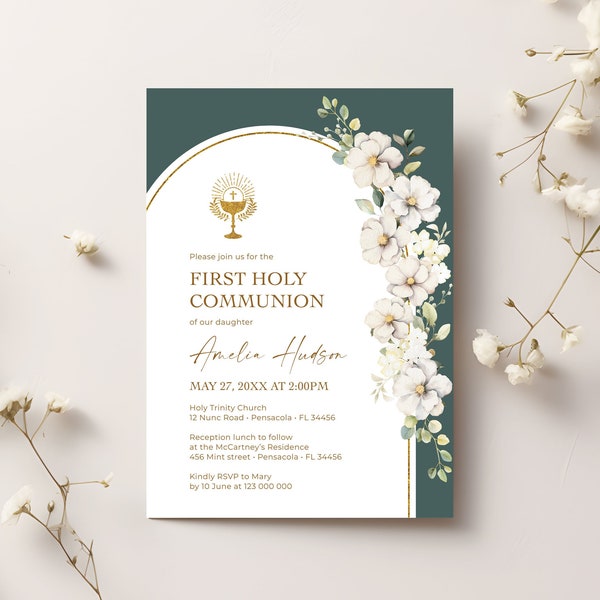 Emerald Green First Holy Communion Invitation Template with White Flowers • INSTANT DOWNLOAD • Editable, Printable Template