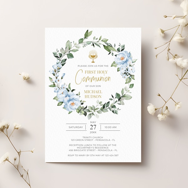 Blue First Holy Communion Invitation Template • INSTANT DOWNLOAD • Editable, Printable Template, A118