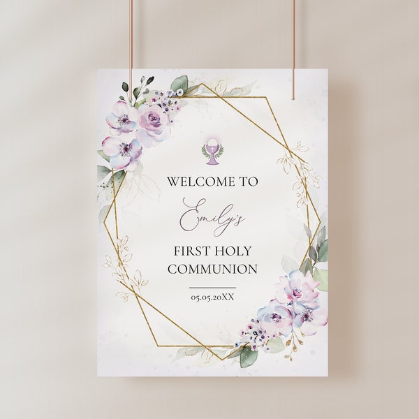 Lavender First Holy Communion Welcome Sign Template • INSTANT DOWNLOAD • Editable, Printable Template, #101