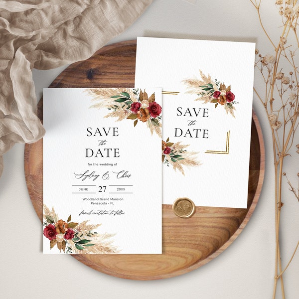 Burgundy, Terracotta and Emerald Green Save the Date Template • INSTANT DOWNLOAD • Editable, Printable Templates, A134