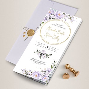 May include: A wedding invitation featuring a purple and white floral design. The invitation is for the wedding of Alexandra Burton and Steven Colling on 15th June at 2:00 PM at St. Johns Church, 123 Woodland Road, Florida, FL.